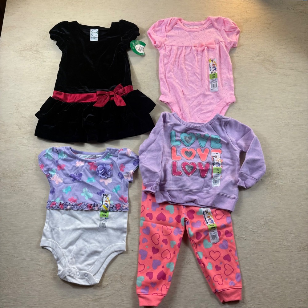 NWT Garanimals Circo Baby Girl 12M Bundle Velvet Dress Bodysuits Hearts 5pc Set